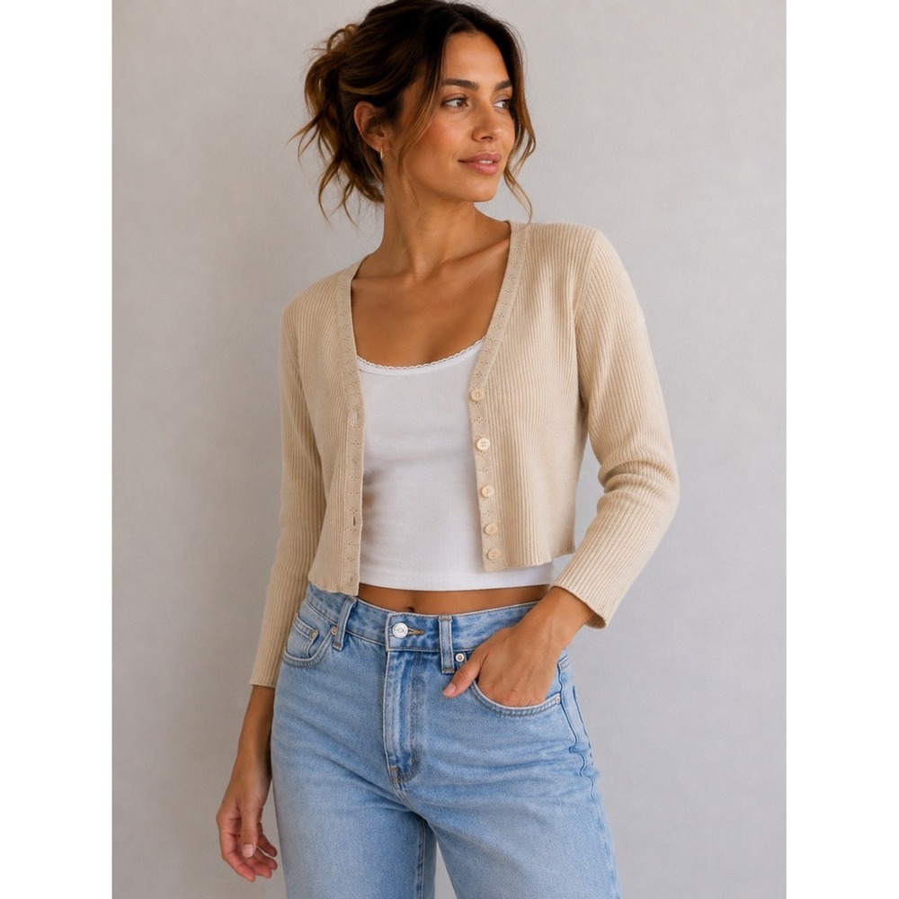 Ribbed Knit Cardigan 3/4 Sleeve Button Front Sweater Top